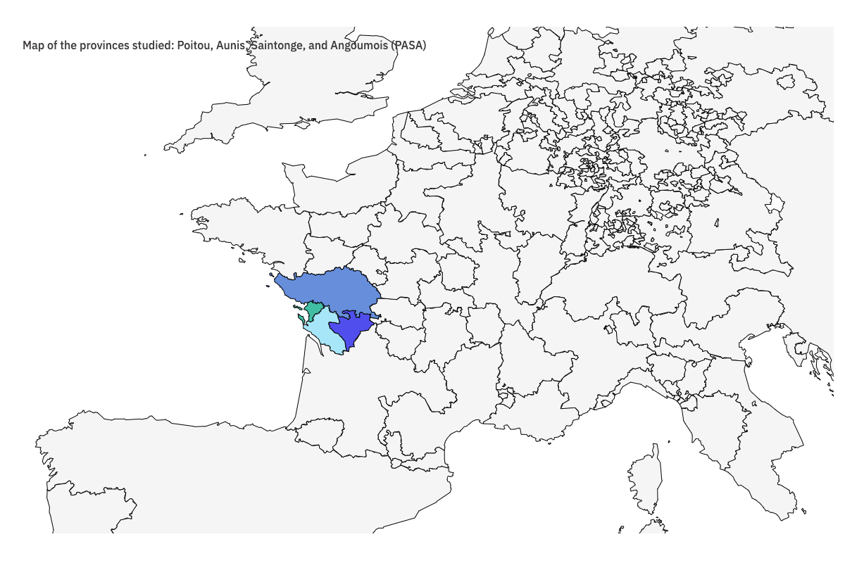 Map of the provinces investigated : Poitou, Aunis, Saintonge, Angoumois (PASA)