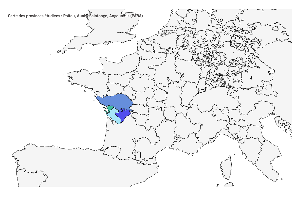 Carte des provinces étudiées : Poitou, Aunis, Saintonge, Angoumois (PASA)